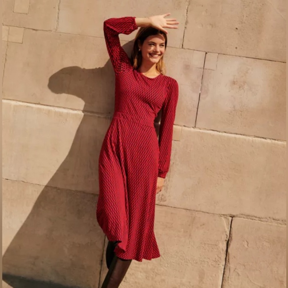 BODEN Camille Jersey Dress Brilliant Red Navy Block Tile Sz 6L 10L US Long Midi